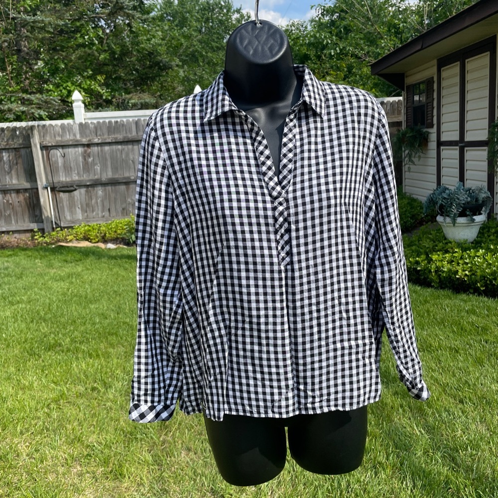 J Jill women’s blouse gingham v neck popover SMALL soft long‎ sleeve collared
